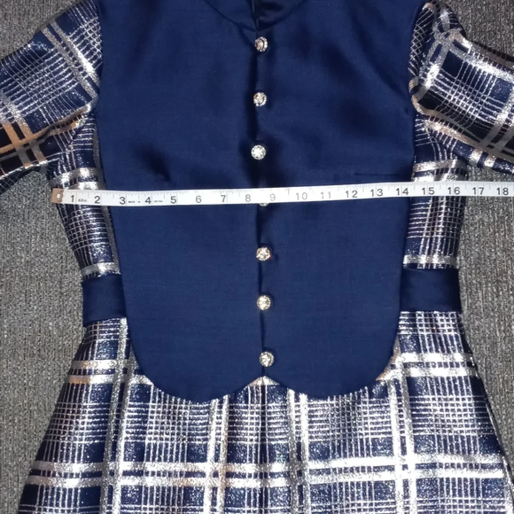 💙VTG 1960s Oscar de la Renta💙 - Navy Silk & Silver Metallic Plaid Mod Dress - Picture 14 of 16